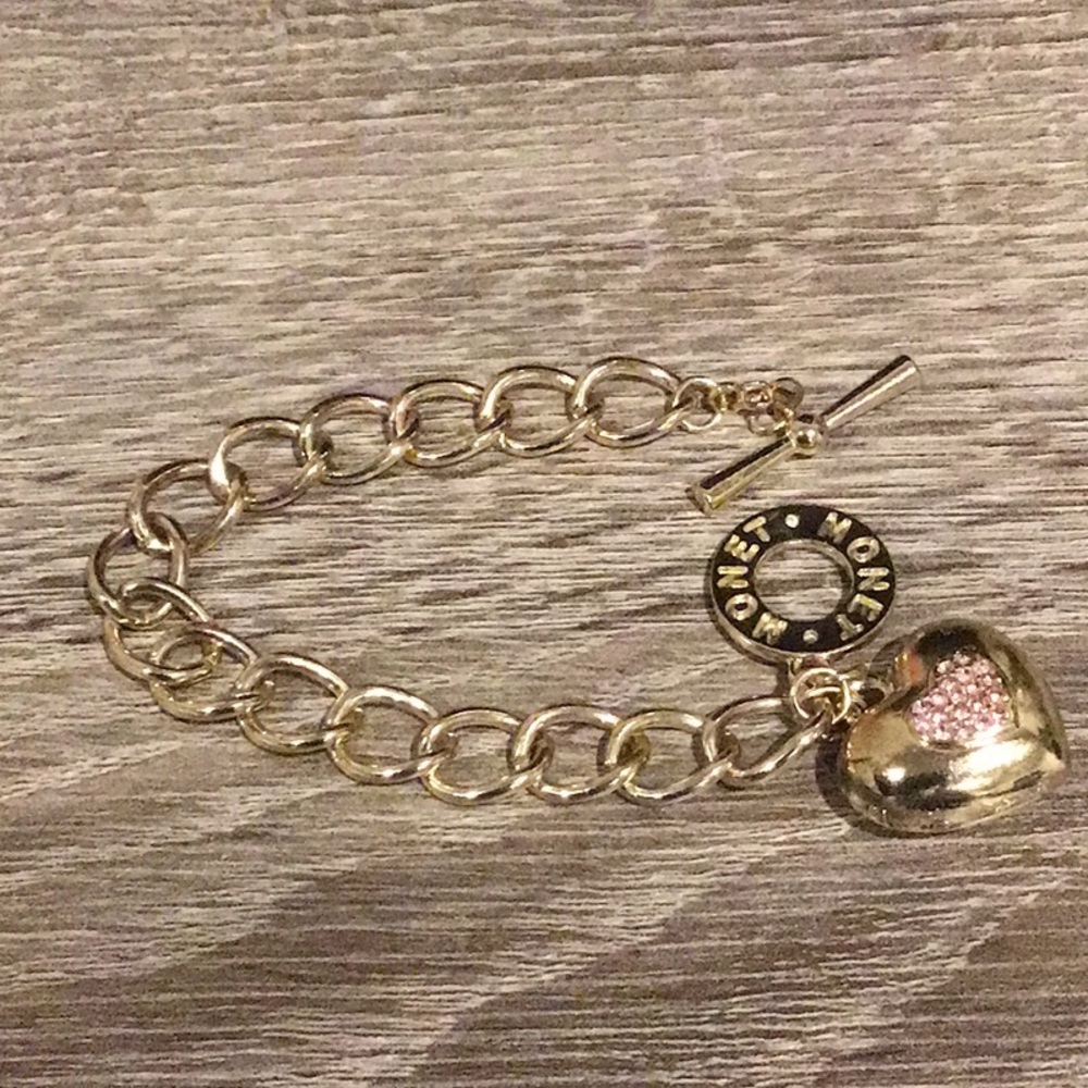 Vintage MONET Bracelet Heart Locket Charm Gold Tone Pink Rhinestone Signed - Picture 3 of 6